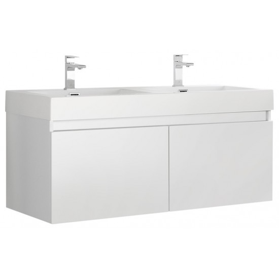 Mezzo 48" White Wall Hung Double Sink Modern Bathroom Cabinet w/ Integrated Sink