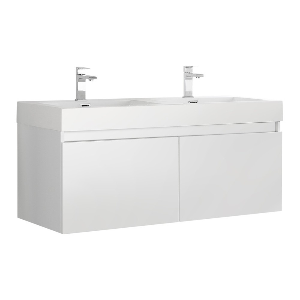 Mezzo 48" White Wall Hung Double Sink Modern Bathroom Cabinet w/ Integrated Sink