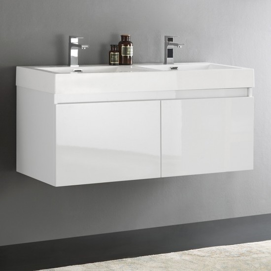 Mezzo 48" White Wall Hung Double Sink Modern Bathroom Cabinet w/ Integrated Sink