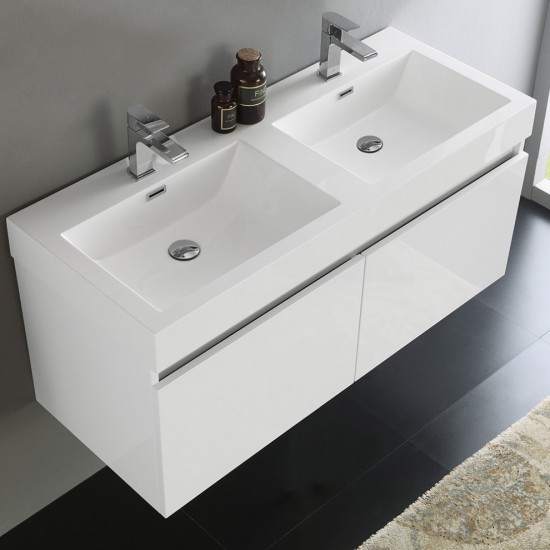 Mezzo 48" White Wall Hung Double Sink Modern Bathroom Cabinet w/ Integrated Sink