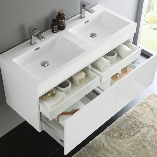 Mezzo 48" White Wall Hung Double Sink Modern Bathroom Cabinet w/ Integrated Sink