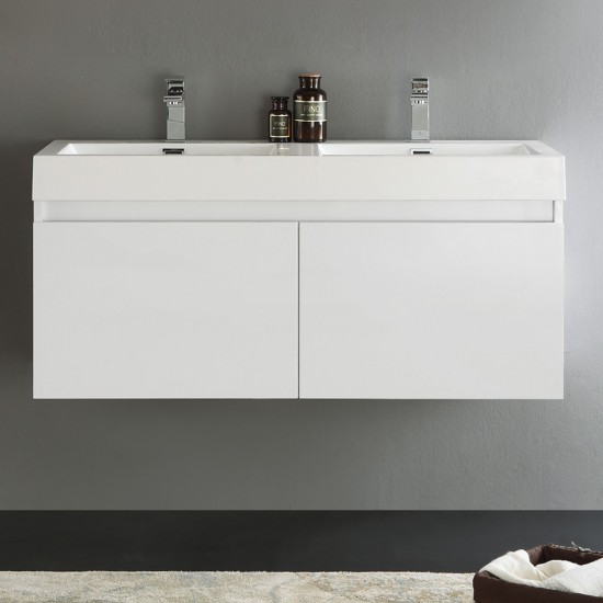 Mezzo 48" White Wall Hung Double Sink Modern Bathroom Cabinet w/ Integrated Sink