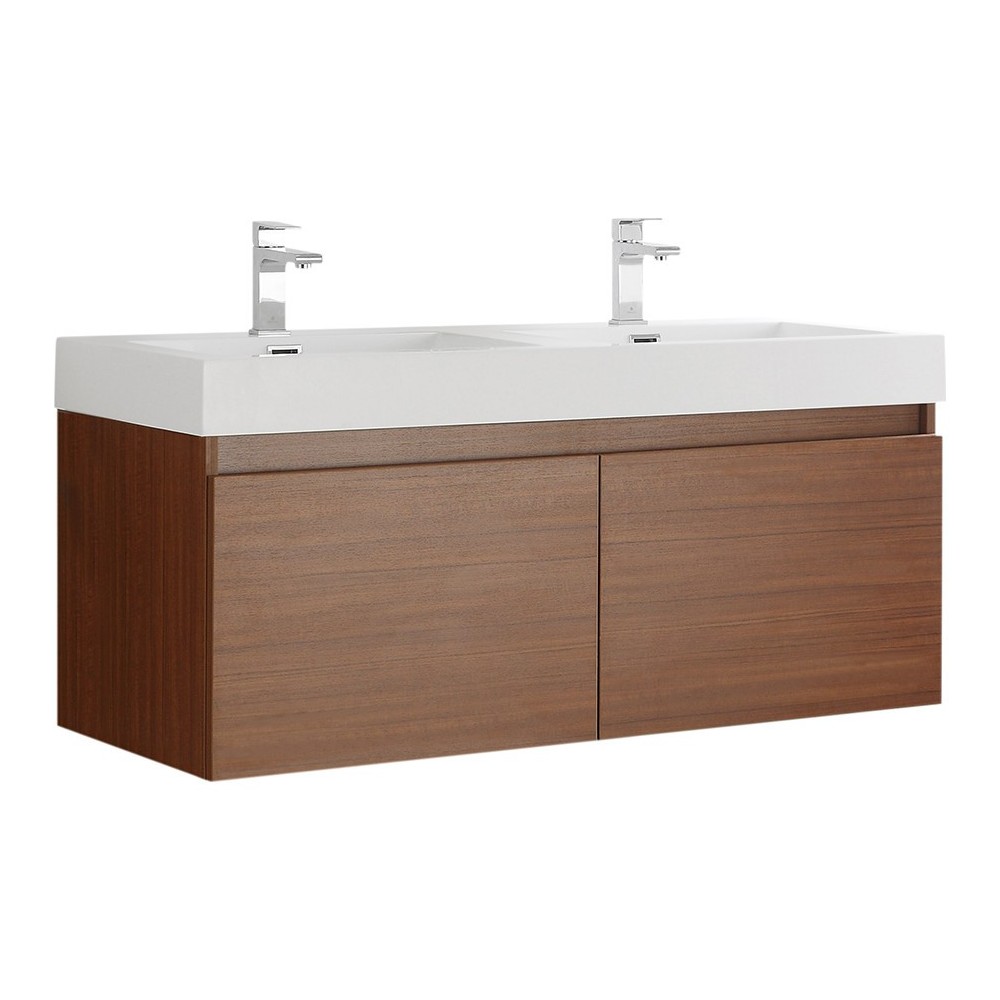 Mezzo 48" Teak Wall Hung Double Sink Modern Bathroom Cabinet w/ Integrated Sink