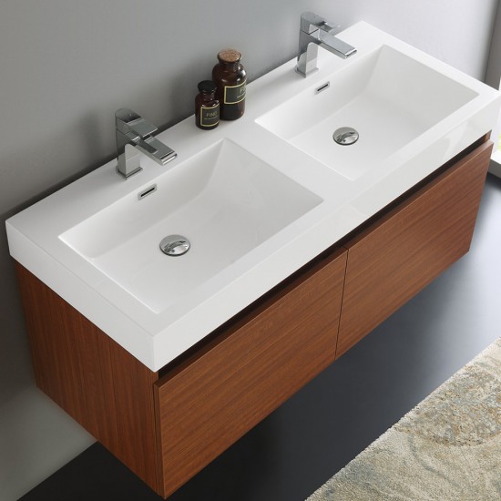 Mezzo 48" Teak Wall Hung Double Sink Modern Bathroom Cabinet w/ Integrated Sink