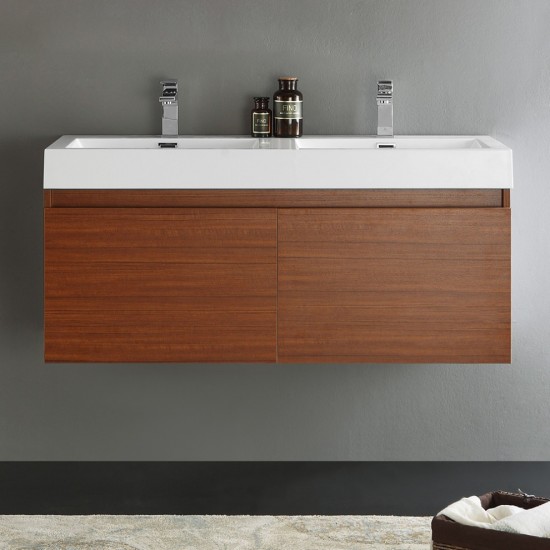 Mezzo 48" Teak Wall Hung Double Sink Modern Bathroom Cabinet w/ Integrated Sink