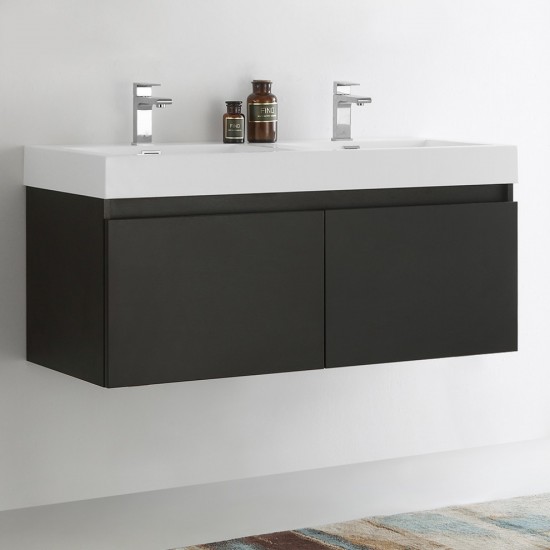 Mezzo 48" Black Wall Hung Double Sink Modern Bathroom Cabinet w/ Integrated Sink