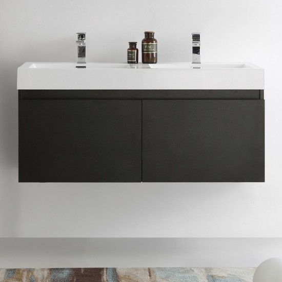 Mezzo 48" Black Wall Hung Double Sink Modern Bathroom Cabinet w/ Integrated Sink