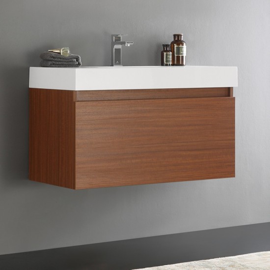 Fresca Mezzo 36" Teak Wall Hung Modern Bathroom Cabinet w/ Integrated Sink