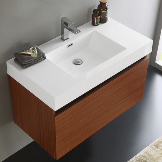 Fresca Mezzo 36" Teak Wall Hung Modern Bathroom Cabinet w/ Integrated Sink