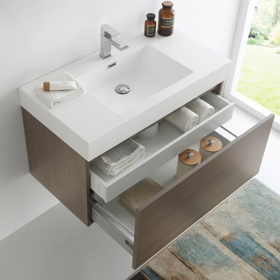 Fresca Mezzo 36" Gray Oak Wall Hung Modern Bathroom Cabinet w/ Integrated Sink