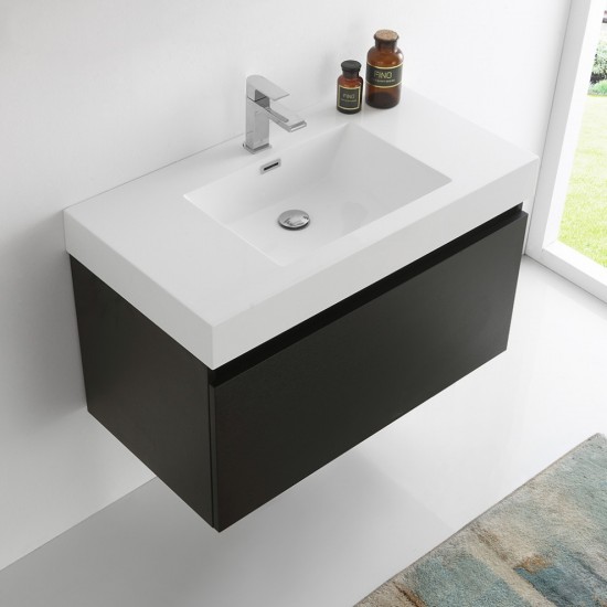 Fresca Mezzo 36" Black Wall Hung Modern Bathroom Cabinet w/ Integrated Sink