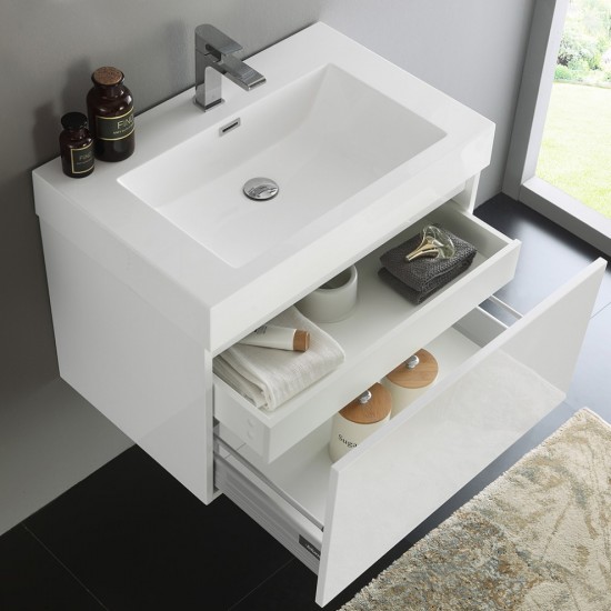 Fresca Mezzo 30" White Wall Hung Modern Bathroom Cabinet w/ Integrated Sink