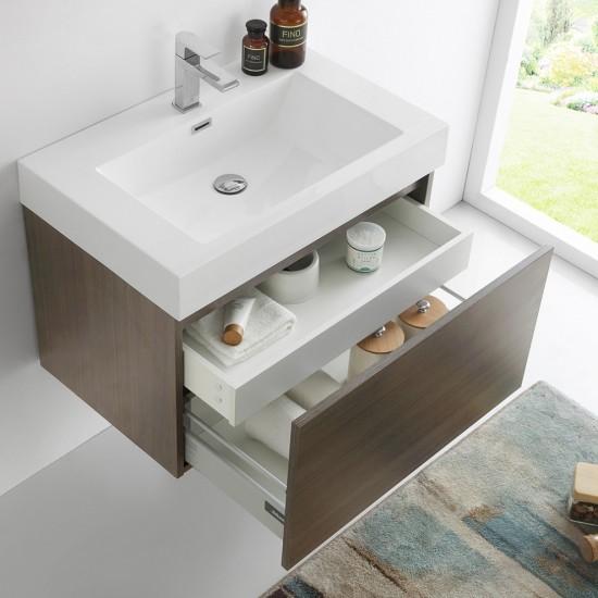 Fresca Mezzo 30" Gray Oak Wall Hung Modern Bathroom Cabinet w/ Integrated Sink