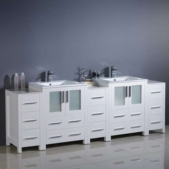 84 White Modern Double Sink Bathroom Cabinets w/ Integrated Sinks, FCB62-72WH-I