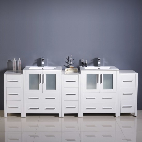 84 White Modern Double Sink Bathroom Cabinets w/ Integrated Sinks, FCB62-72WH-I