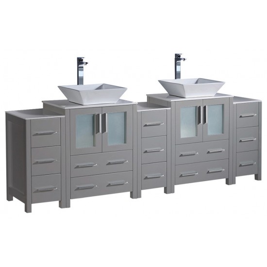 84 Gray Double Sink Bathroom Cabinets w/ Tops & Vessel Sinks, FCB62-72GR-CWH-V