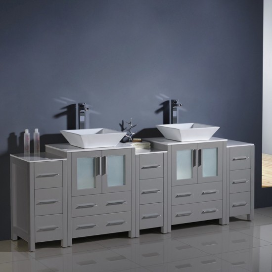 84 Gray Double Sink Bathroom Cabinets w/ Tops & Vessel Sinks, FCB62-72GR-CWH-V