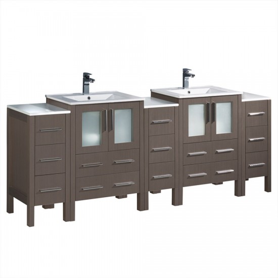 84 Gray Oak Double Sink Bathroom Cabinets w/ Integrated Sinks, FCB62-72GO-I