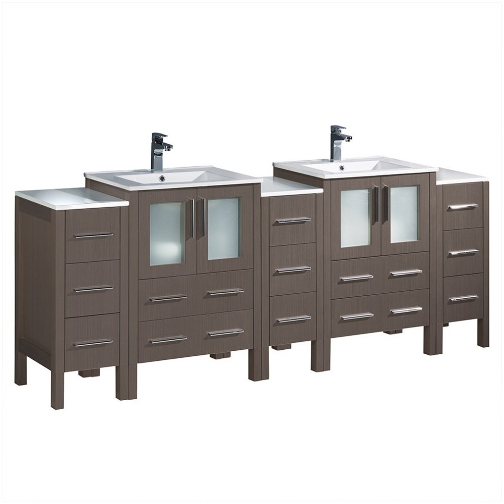 84 Gray Oak Double Sink Bathroom Cabinets w/ Integrated Sinks, FCB62-72GO-I