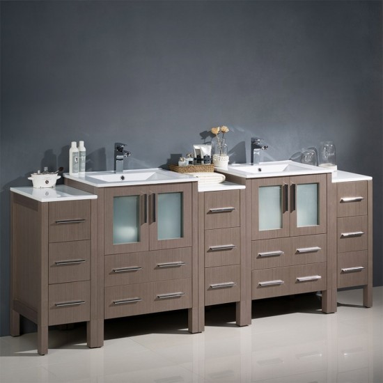 84 Gray Oak Double Sink Bathroom Cabinets w/ Integrated Sinks, FCB62-72GO-I