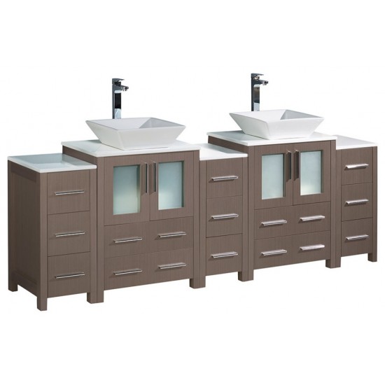 84 Gray Oak DBL Sink Bathroom Cabinets w/ Tops & Vessel Sinks, FCB62-72GO-CWH-V