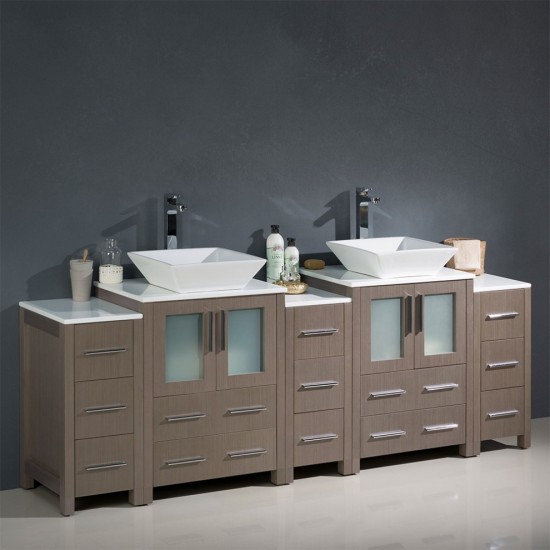 84 Gray Oak DBL Sink Bathroom Cabinets w/ Tops & Vessel Sinks, FCB62-72GO-CWH-V