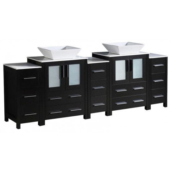 84 Espresso DBL Sink Bathroom Cabinets w/ Tops & Vessel Sinks, FCB62-72ES-CWH-V