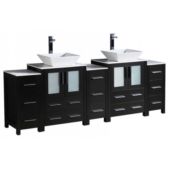 84 Espresso DBL Sink Bathroom Cabinets w/ Tops & Vessel Sinks, FCB62-72ES-CWH-V