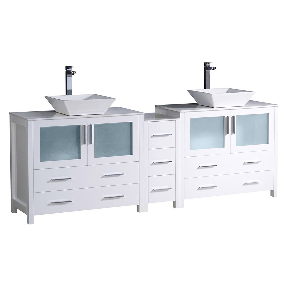 84 White DBL Sink Bathroom Cabinets w/ Tops & Vessel Sinks, FCB62-361236WH-CWH-V