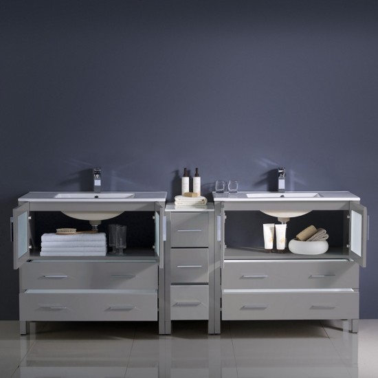 84 Gray Double Sink Bathroom Cabinets w/ Integrated Sinks, FCB62-361236GR-I