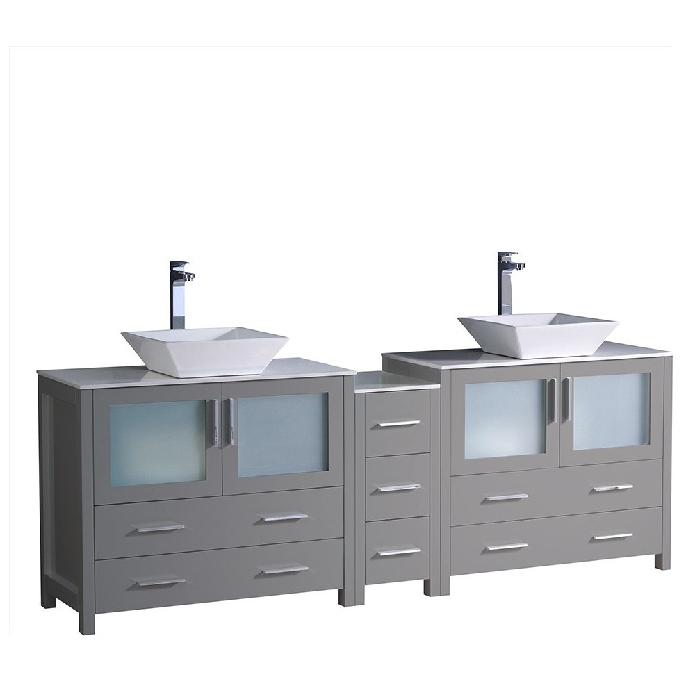 84 Gray DBL Sink Bathroom Cabinets w/ Tops & Vessel Sinks, FCB62-361236GR-CWH-V