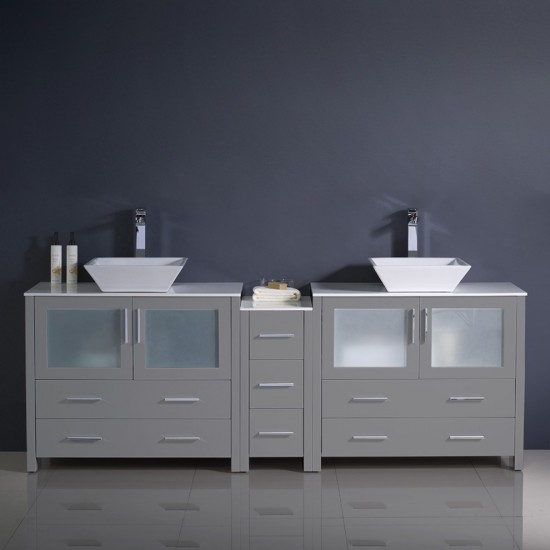 84 Gray DBL Sink Bathroom Cabinets w/ Tops & Vessel Sinks, FCB62-361236GR-CWH-V