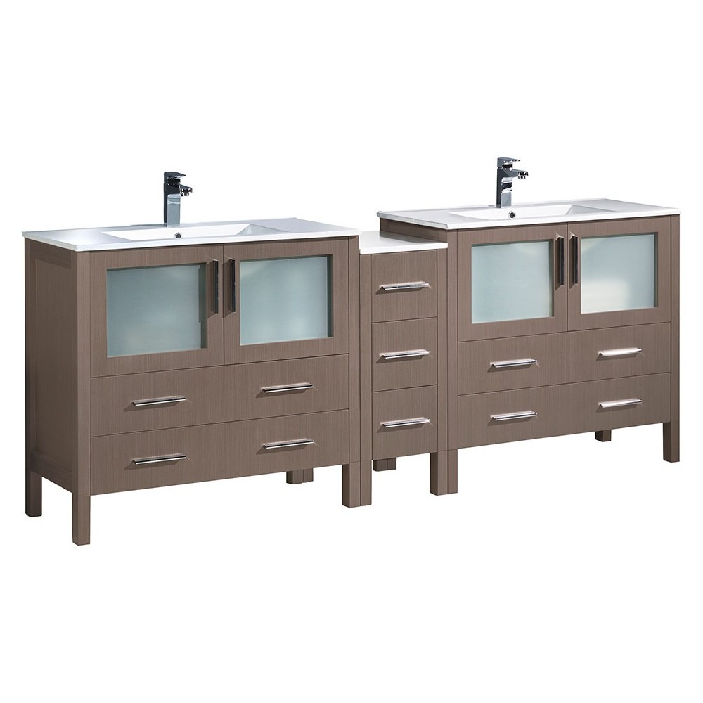 84 Gray Oak Double Sink Bathroom Cabinets w/ Integrated Sinks, FCB62-361236GO-I