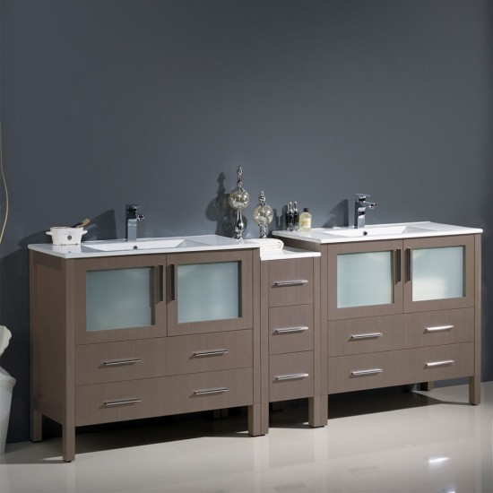 84 Gray Oak Double Sink Bathroom Cabinets w/ Integrated Sinks, FCB62-361236GO-I