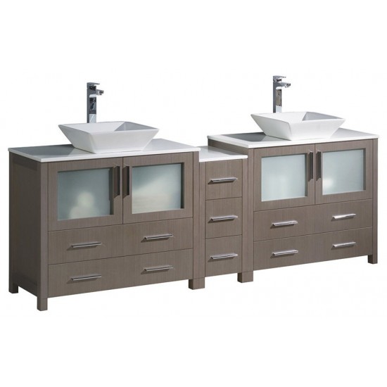 84 Gray DBL Sink Bathroom Cabinets w/ Tops & Vessel Sinks, FCB62-361236GO-CWH-V