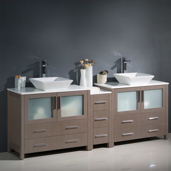 84 Gray DBL Sink Bathroom Cabinets w/ Tops & Vessel Sinks, FCB62-361236GO-CWH-V