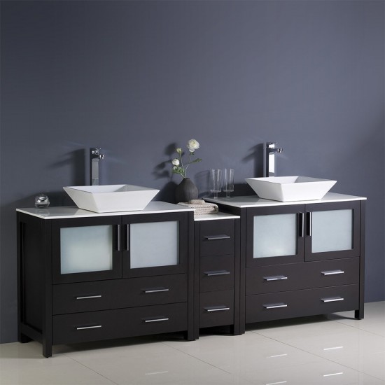 84 Espresso Dbl Sink Bathroom Cabinets, Tops, Vessel Sinks, FCB62-361236ES-CWH-V