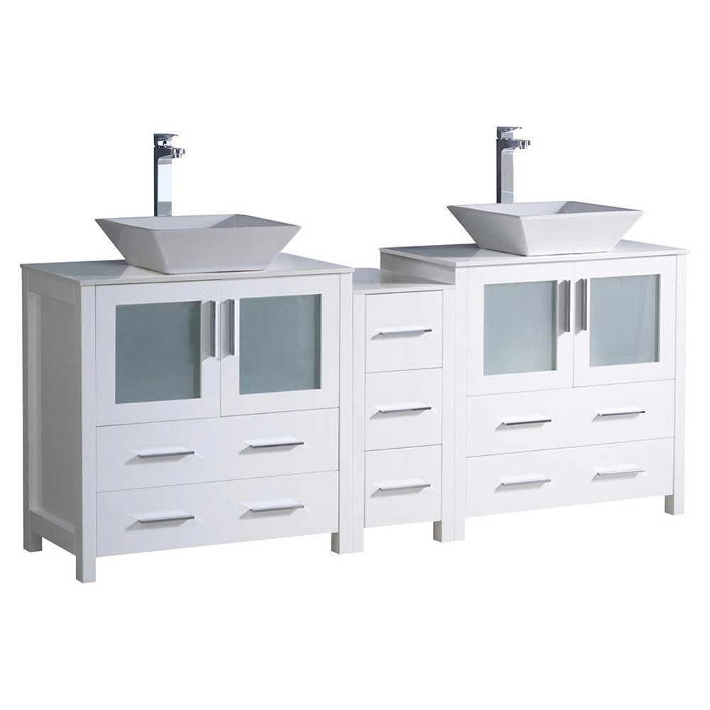 Torino 72" White Modern Double Sink Bathroom Cabinets w/ Tops & Vessel Sinks