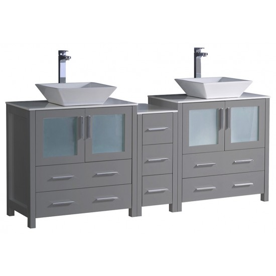 Torino 72" Gray Modern Double Sink Bathroom Cabinets w/ Tops & Vessel Sinks