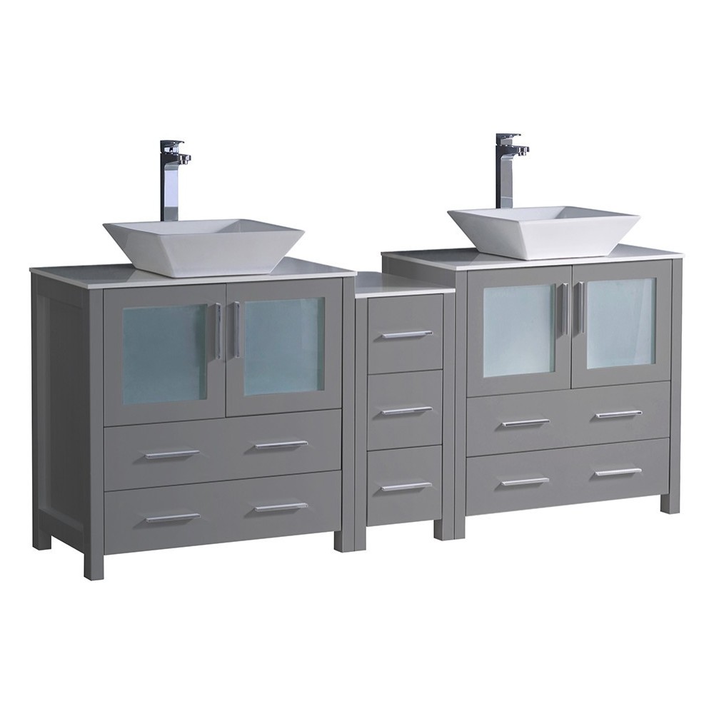 Torino 72" Gray Modern Double Sink Bathroom Cabinets w/ Tops & Vessel Sinks