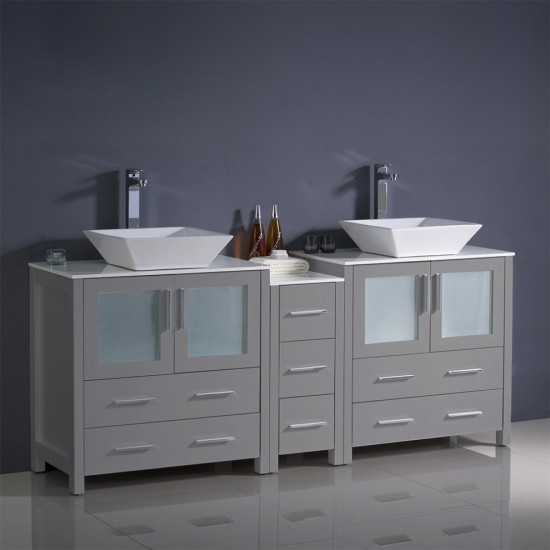 Torino 72" Gray Modern Double Sink Bathroom Cabinets w/ Tops & Vessel Sinks