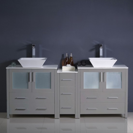 Torino 72" Gray Modern Double Sink Bathroom Cabinets w/ Tops & Vessel Sinks