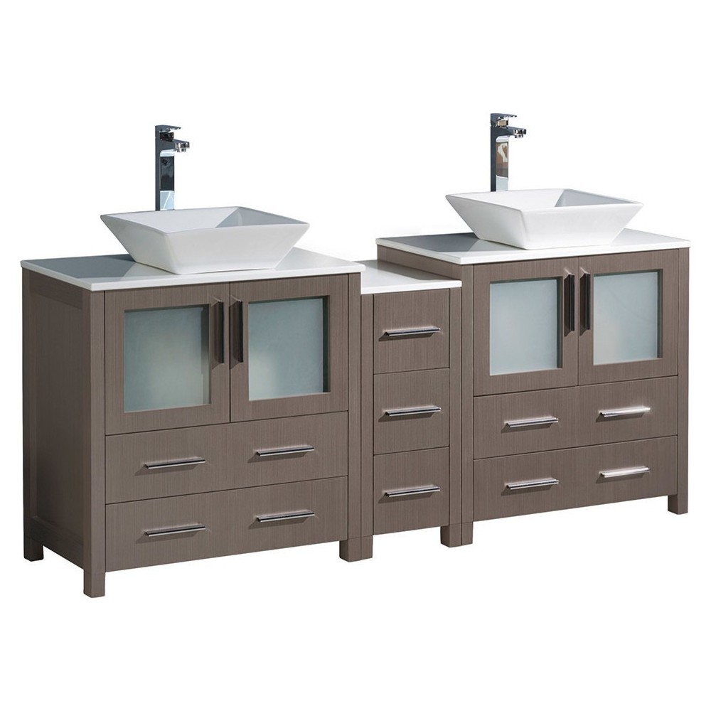 Torino 72" Gray Oak Modern Double Sink Bathroom Cabinets w/ Tops & Vessel Sinks