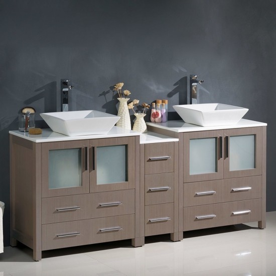 Torino 72" Gray Oak Modern Double Sink Bathroom Cabinets w/ Tops & Vessel Sinks