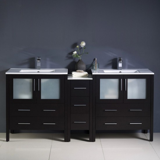 Torino 72" Espresso Modern Double Sink Bathroom Cabinets w/ Integrated Sinks