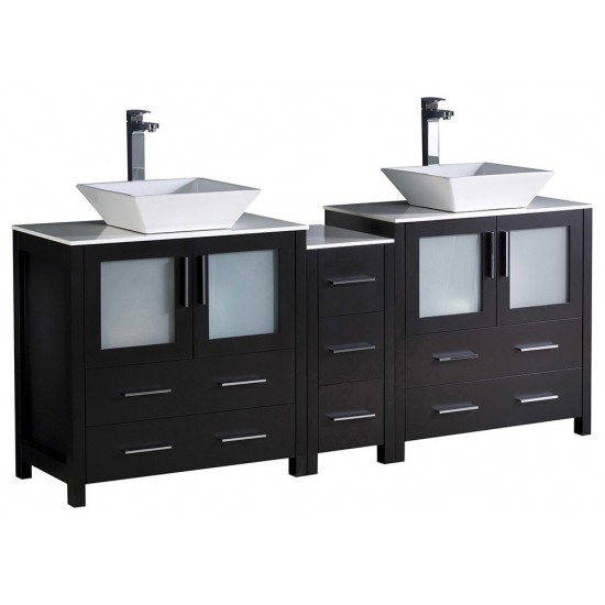 Torino 72" Espresso Modern Double Sink Bathroom Cabinets w/ Tops & Vessel Sinks