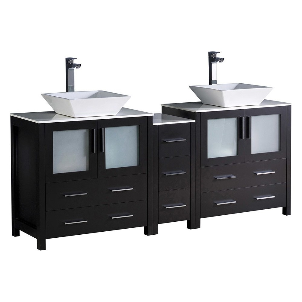 Torino 72" Espresso Modern Double Sink Bathroom Cabinets w/ Tops & Vessel Sinks