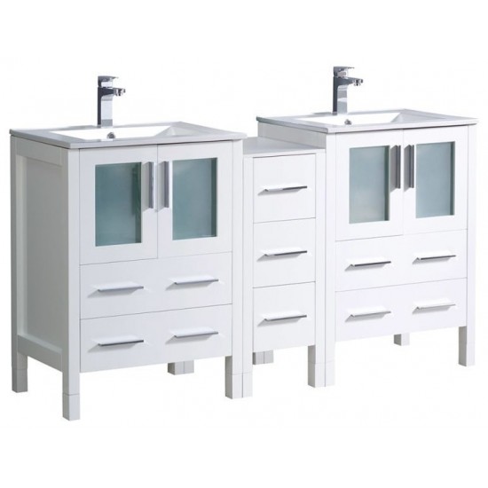 Fresca Torino 60" White Modern Double Sink Bathroom Cabinets w/ Integrated Sinks