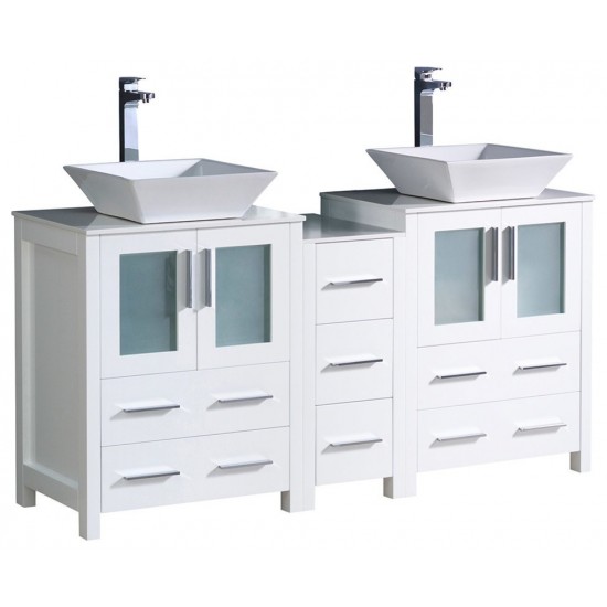 Torino 60" White Modern Double Sink Bathroom Cabinets w/ Tops & Vessel Sinks