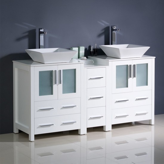 Torino 60" White Modern Double Sink Bathroom Cabinets w/ Tops & Vessel Sinks